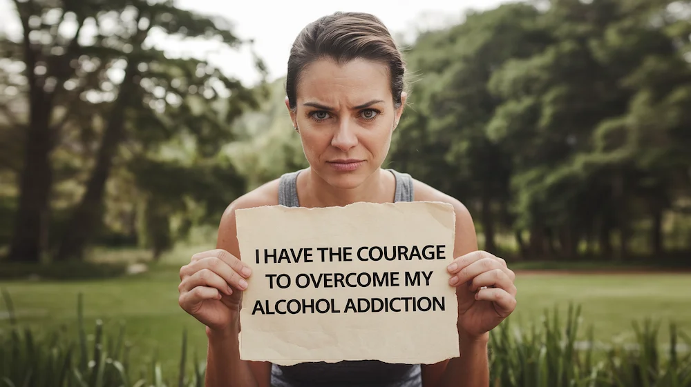 I have the courage to overcome alcohol addiction, female holding a sign