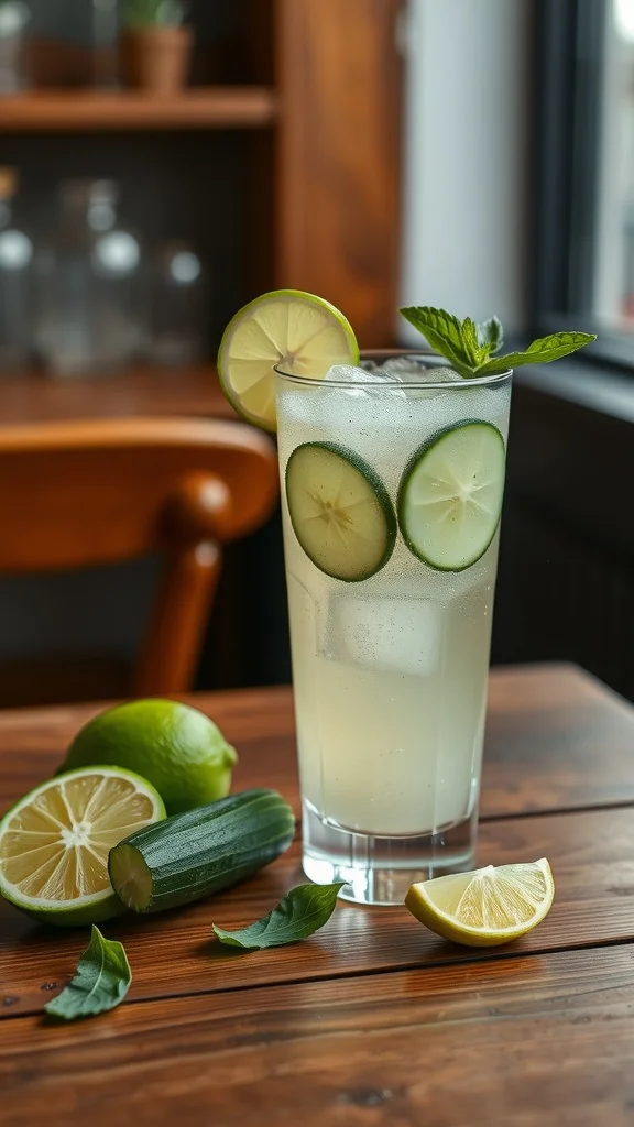 Cucumber Lime Fizz mocktail garnished with lime slices and mint