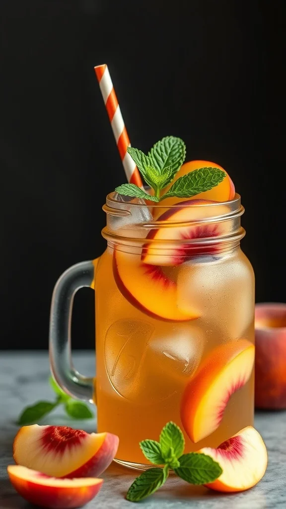 Peach Iced Tea Delight mocktail garnished with peach slices