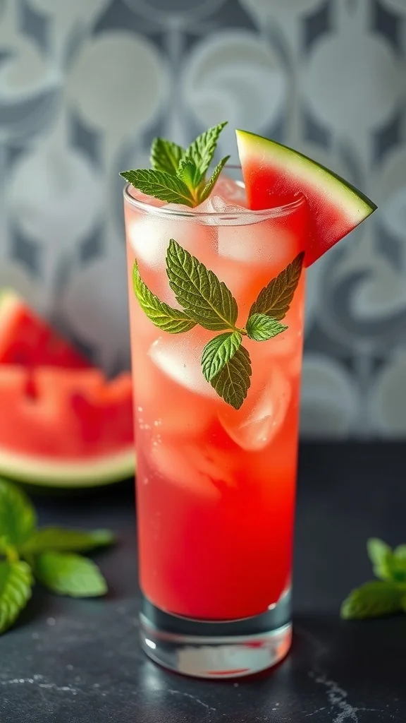 Watermelon Mint Spritz mocktail with a small watermelon wedge garnish