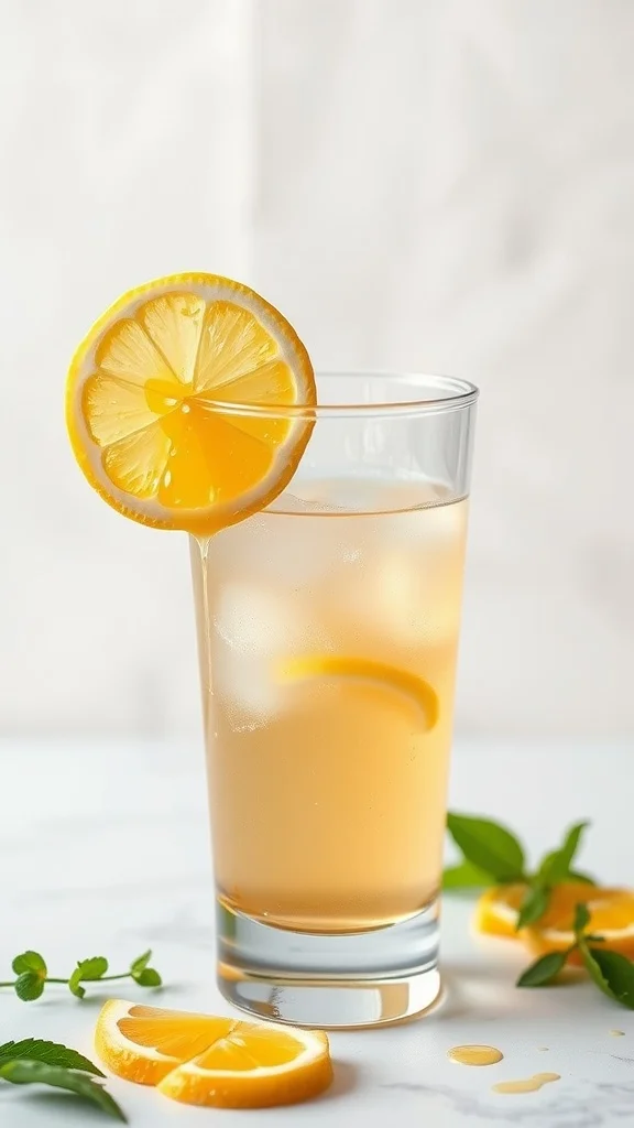 Honey Ginger Lemon Tonic mocktail with a slice of lemon garnish