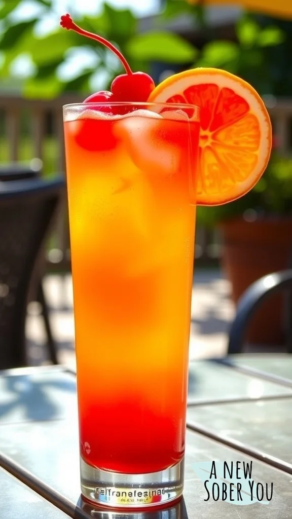 A tall glass of Citrus Sunset Spritz mocktail garnished with a cherry and orange slice, set against a sunny patio backdrop.