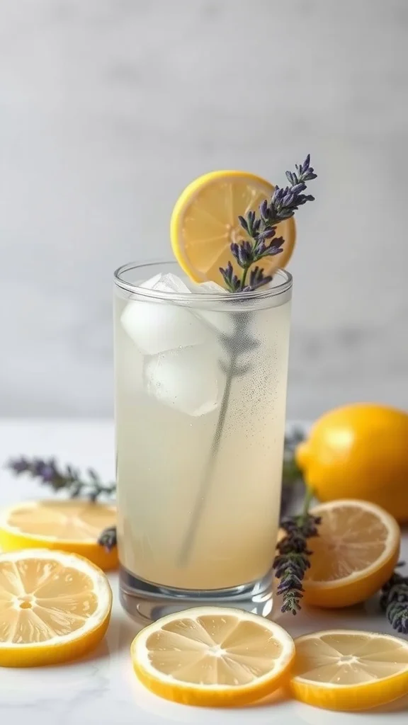 Lavender Lemonade Bliss mocktail garnished with a slice of lemon and a lavender sprig