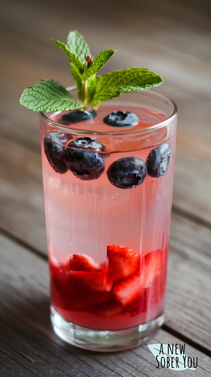 Berry Bliss Fizz mocktail in a tall glass on a wooden table