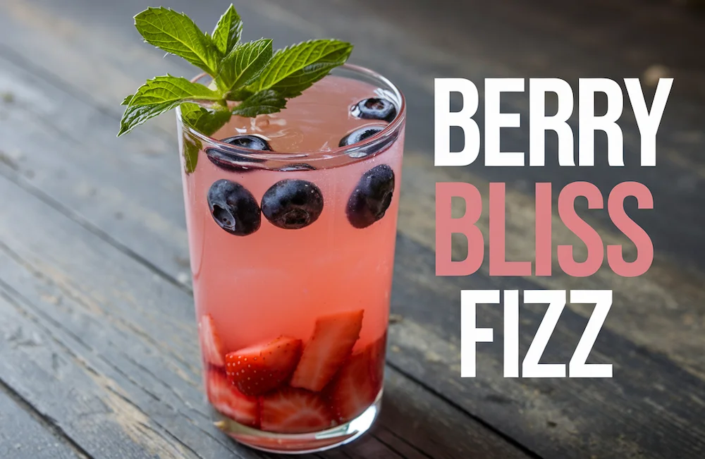 Berry Bliss Fizz mocktail in a tall glass on a wooden table