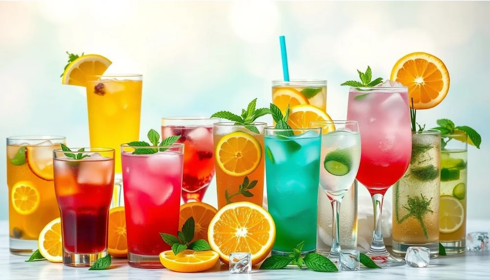 Colorful mocktails garnished with slices of oranges.