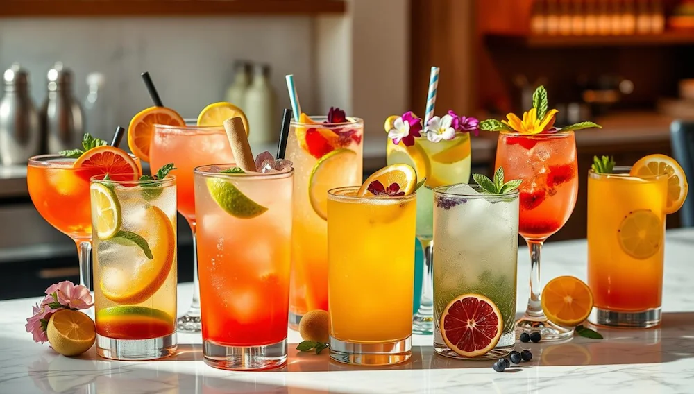 Array of colorful mocktails on a kitchen counter